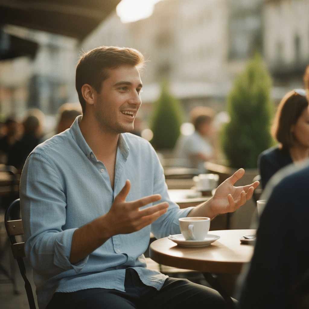 Un jeune homme parle avec naturel et confiance dans un café, illustrant la fluidité dans une conversation en anglais.