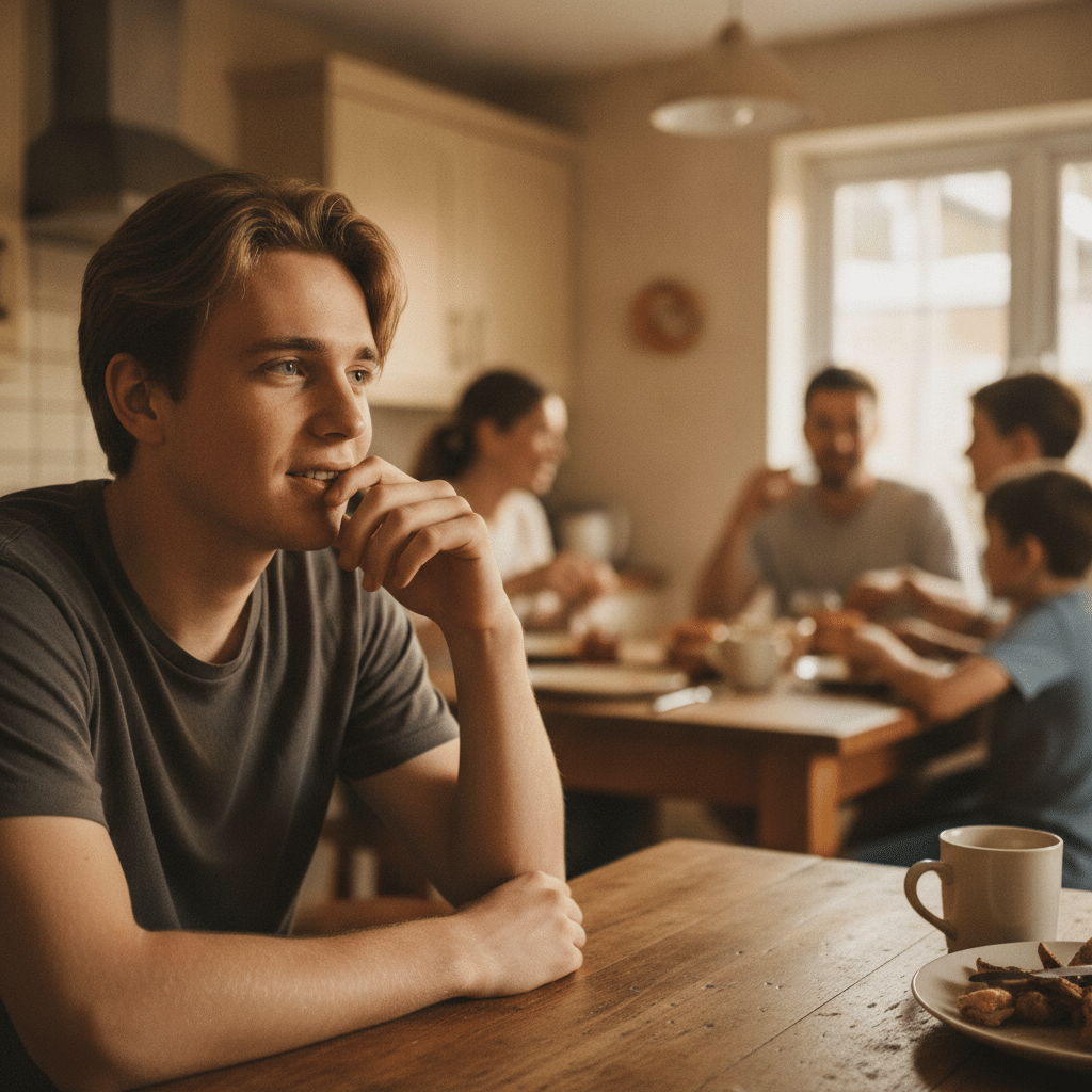 Jeune adulte écoutant une conversation familiale anglaise lors d'un repas, prêt à prendre la parole dans une atmosphère bienveillante.