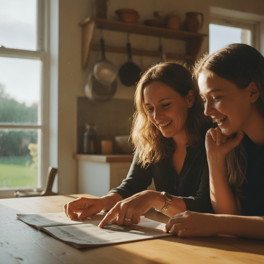 Une jeune fille en conversation naturelle avec une femme anglophone à la table de la cuisine, partageant un moment d'échange en anglais.
