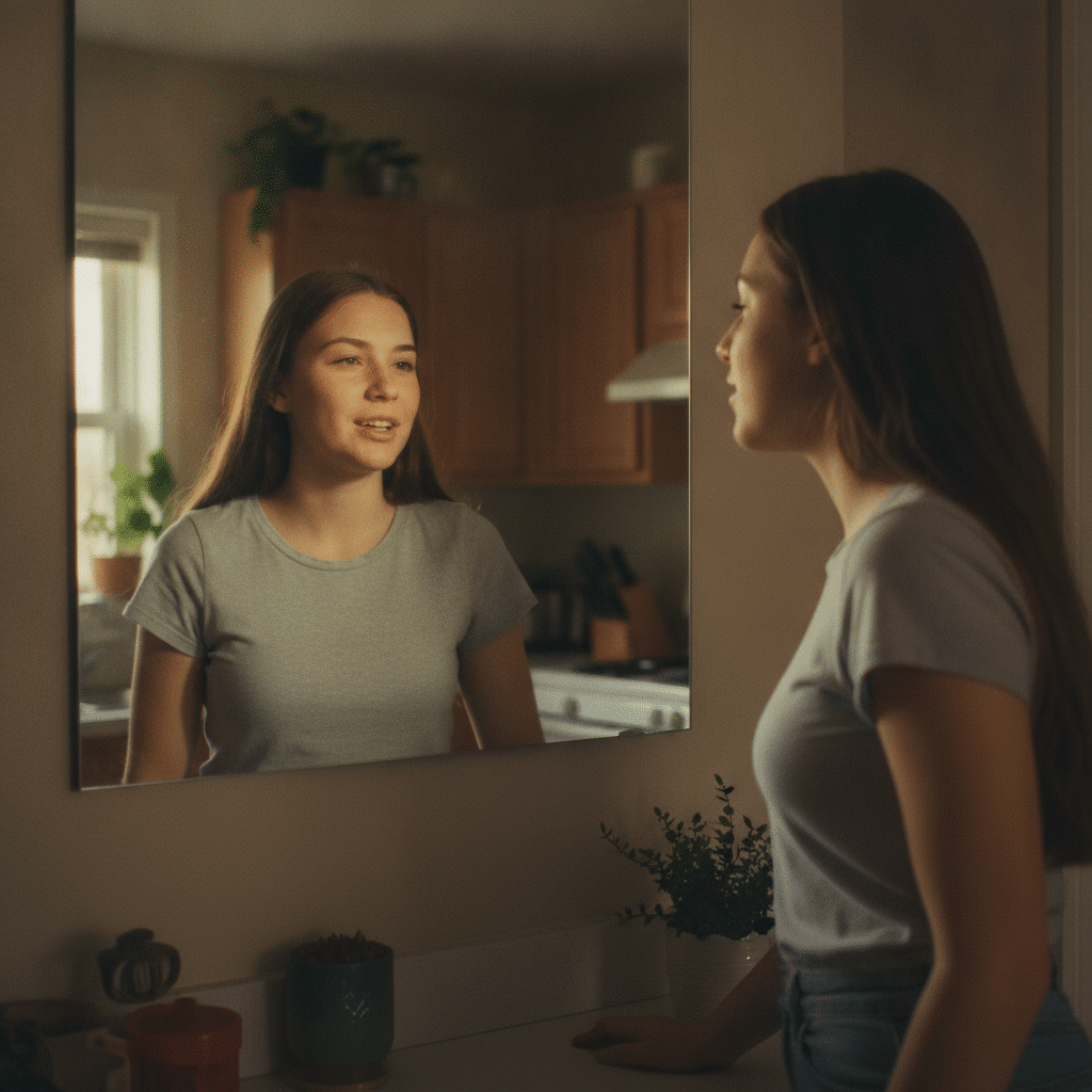 Adolescent pratiquant l'anglais seul devant un miroir, déterminé à surmonter sa peur de parler