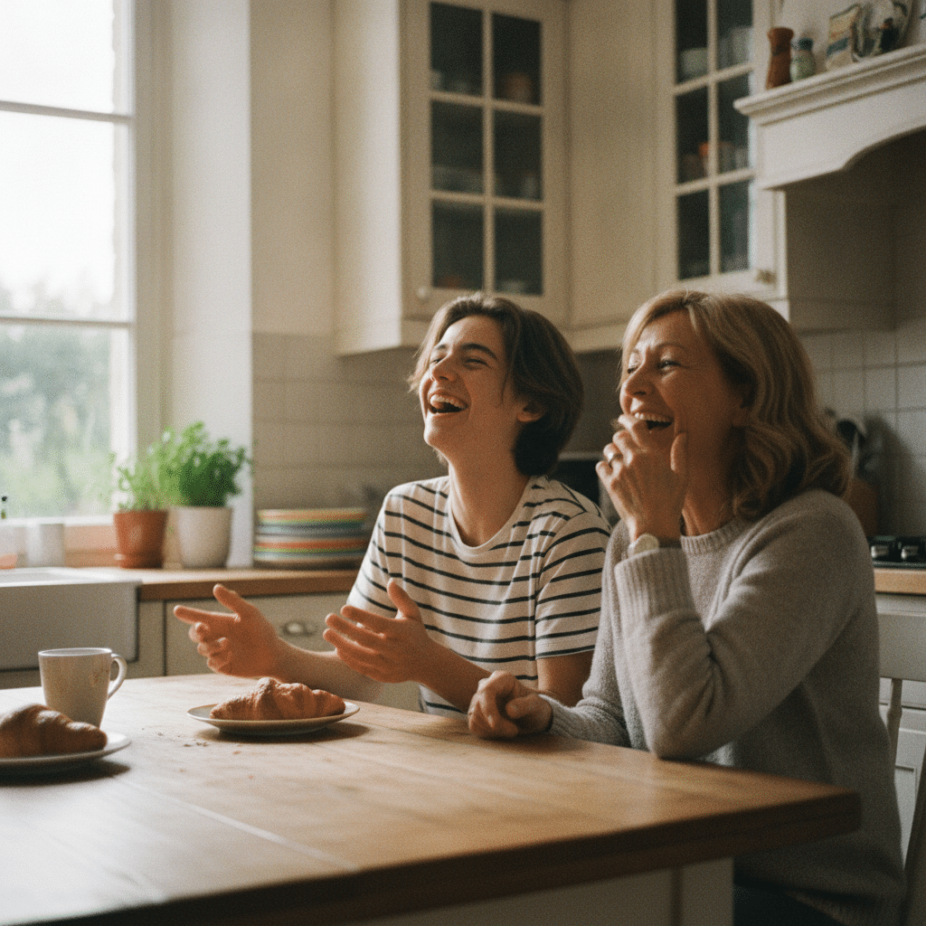 Un adolescent en conversation naturelle avec une femme anglophone, riant ensemble autour d'une table, illustrant l'apprentissage de l'anglais parlé en immersion familiale.